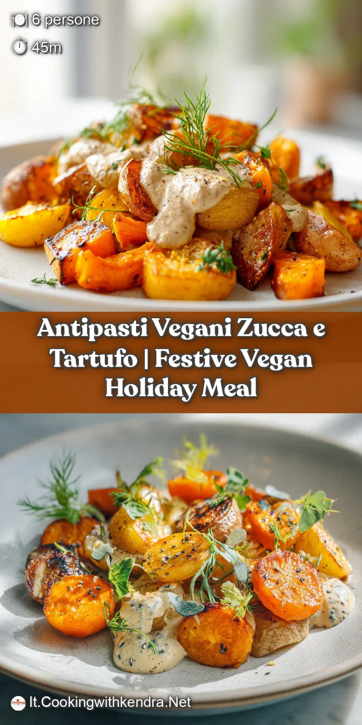 Close-up of glistening roasted squash, earthy truffle oil droplets, and bright green microgreens &ndash; an inviting vegan antip...