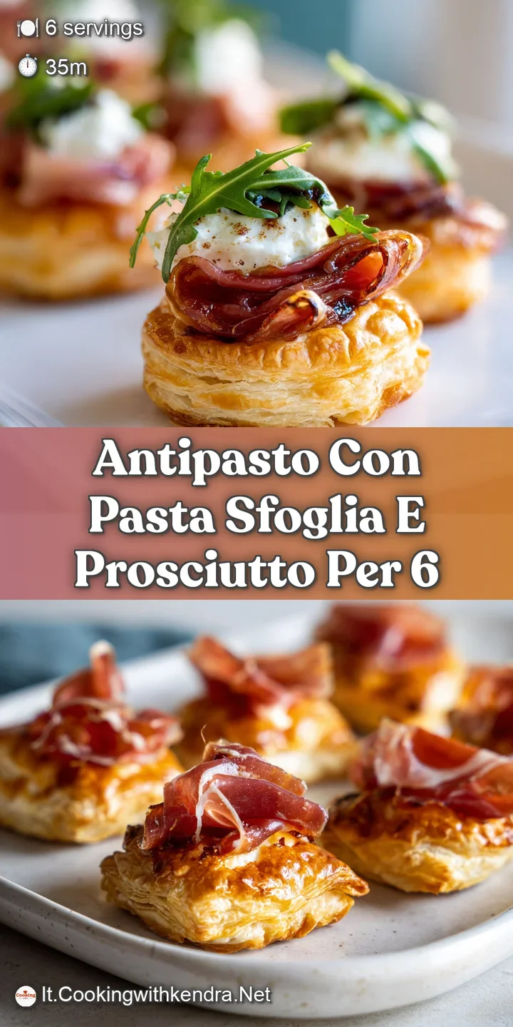 Close-up reveals the crisp layers of puff pastry, glistening prosciutto, and bright green herbs, creating an appetizing an...