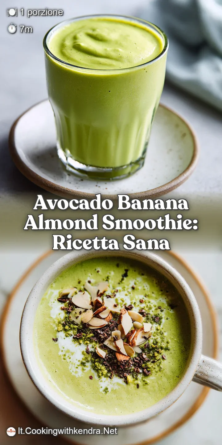 Close-up of a pale green, creamy smoothie. Almonds and a banana slice sit on the frothy surface, creating an appetizing te...