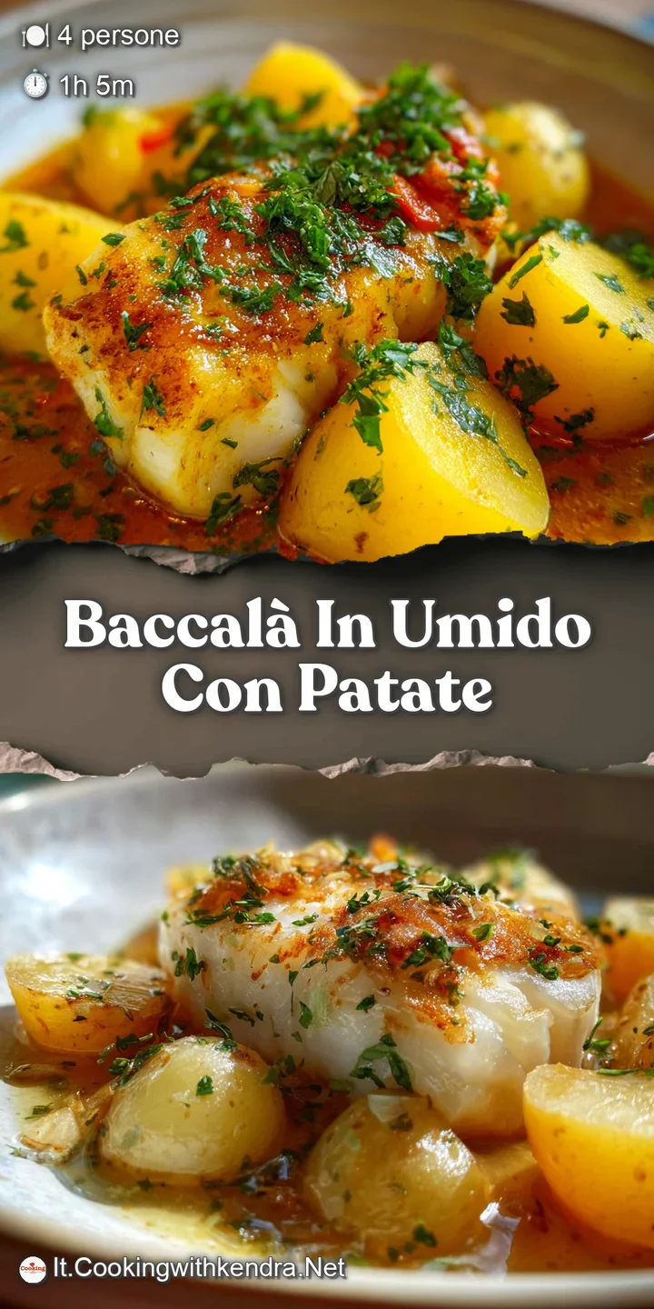 Close-up of baccal&agrave; in umido: See the flaky cod, soft potatoes, and vibrant red sauce glistening, promising a flavorful bite.