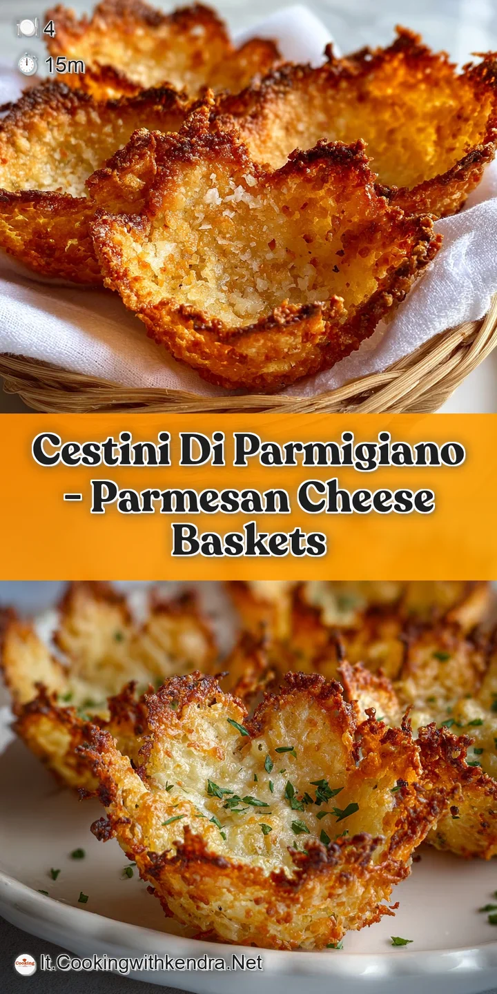 Close-up of a golden parmesan basket, revealing melted cheese and a colorful mix of perfectly cooked, appetizing vegetable...
