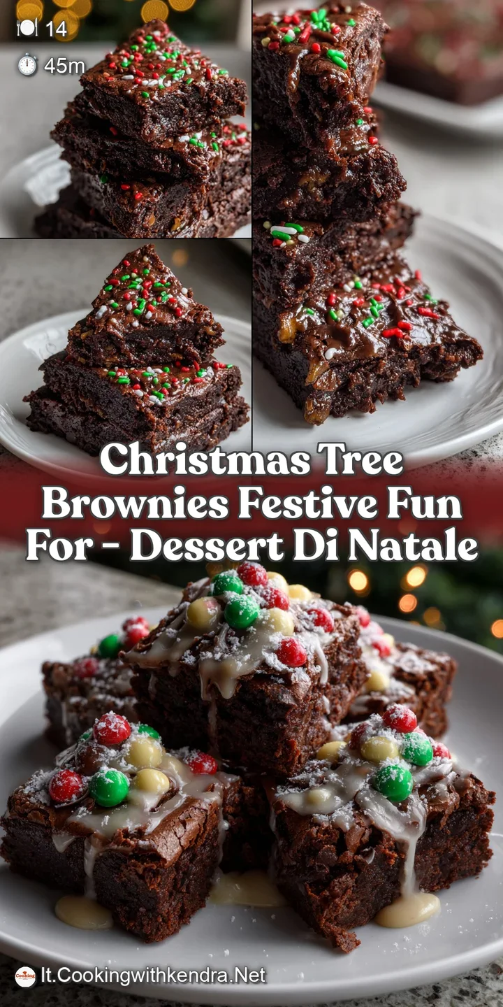 Rich, dark chocolate brownies cut into festive tree shapes, dusted with powdered sugar, and sprinkled with colorful candy.