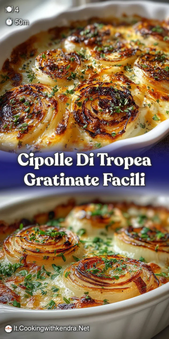 Close-up showcasing the rich, caramelized surface of baked Tropea onions, with visible herbs and a creamy, slightly browne...