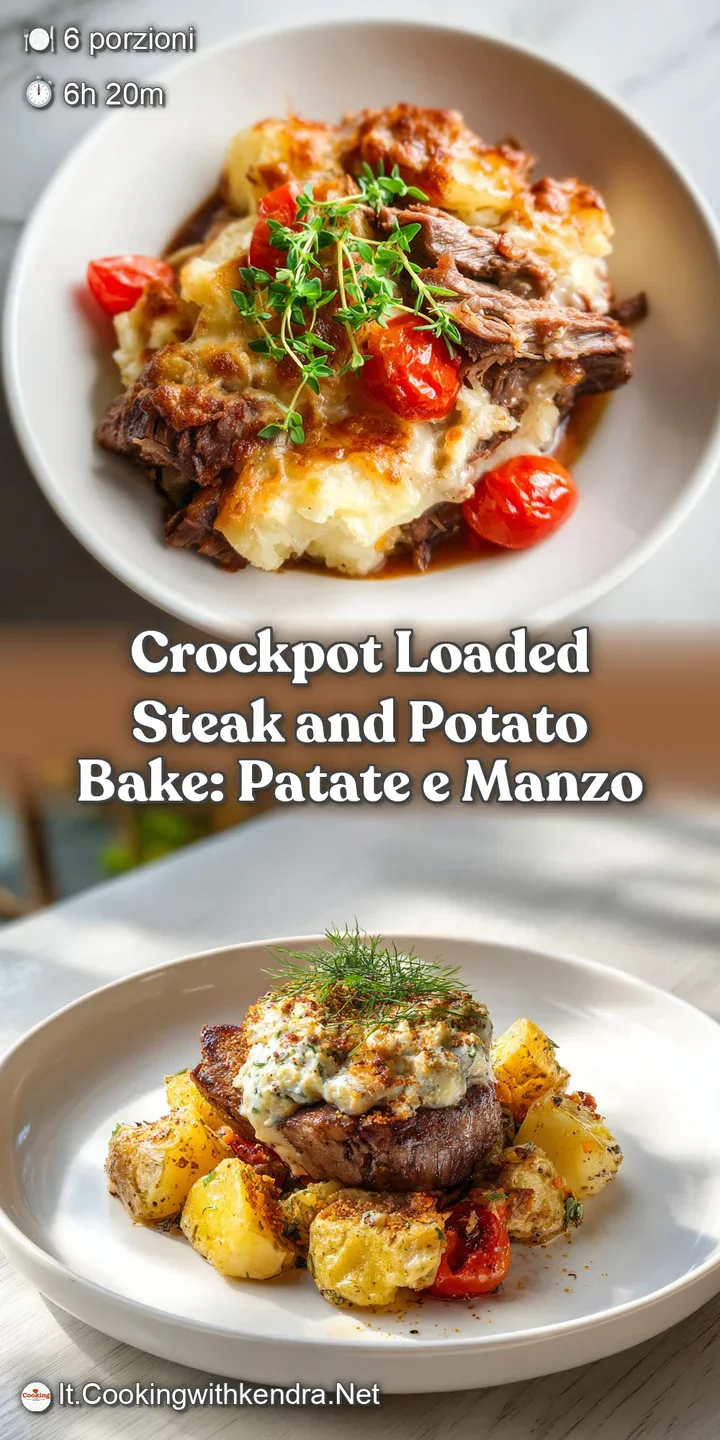 A close-up of tender steak and soft potatoes smothered in melted cheese and topped with fresh, bright green onions in a cr...