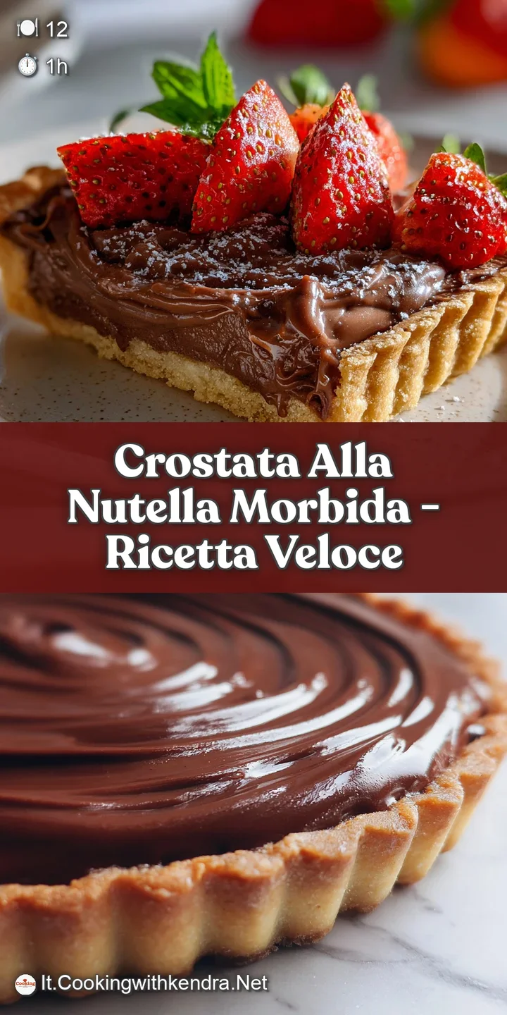 Close-up of a Nutella crostata slice. See the swirls of hazelnut chocolate and the crisp, buttery texture of the pastry.