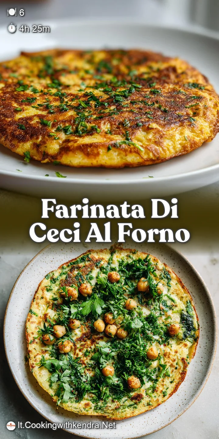 Close-up of baked farinata, showing crispy edges and a soft interior. Speckled with herbs and pools of olive oil. Visually...