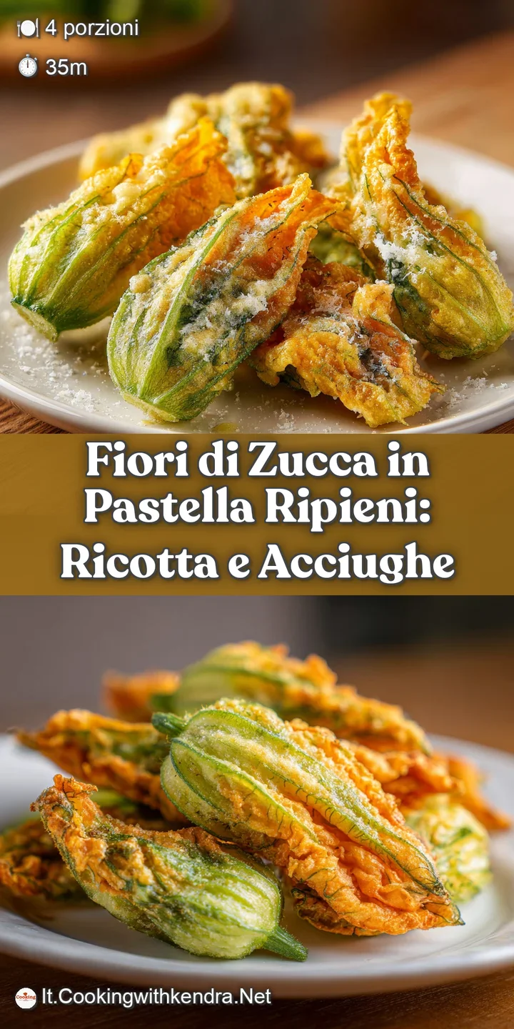 Close-up of a crispy, golden-brown fried zucchini flower, revealing a soft, cheesy center, hinting at warm, savory flavors.