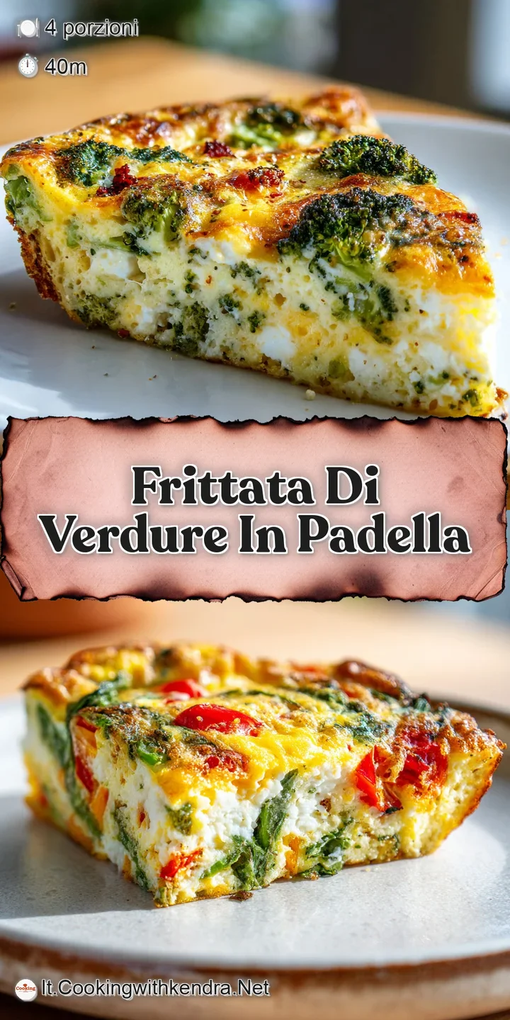 Close-up of a golden-brown frittata with visible bits of colorful vegetables. Hints of steam suggest it's fresh from the pan.