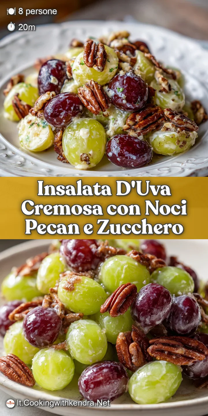 Close-up of a grape salad: plump, juicy grapes nestled with crunchy pecans and a rich, creamy sauce, creating a delightful...