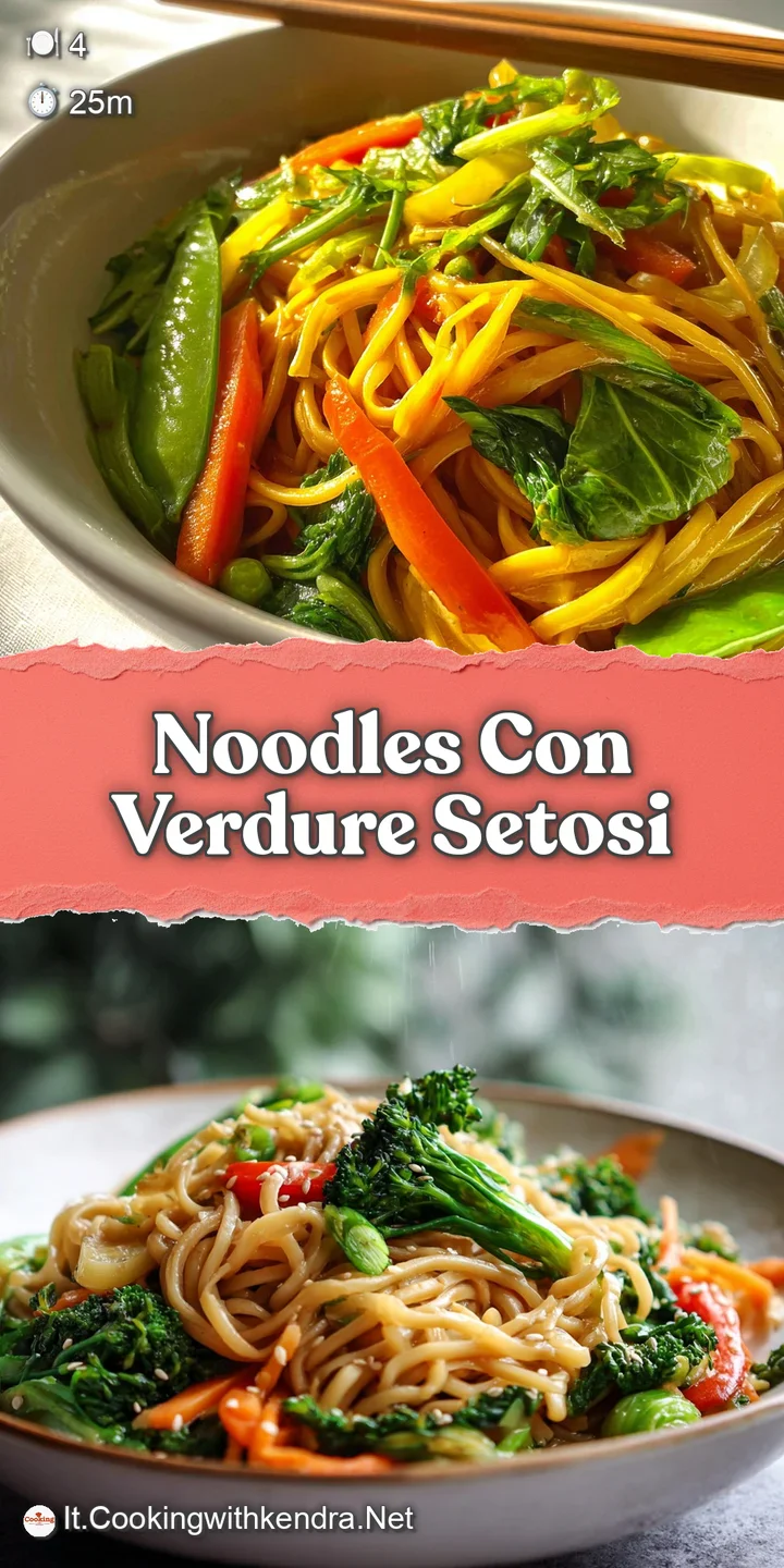 Close-up of silky noodles glistening with light sauce, interspersed with colorful, crisp vegetables. A burst of fresh gree...