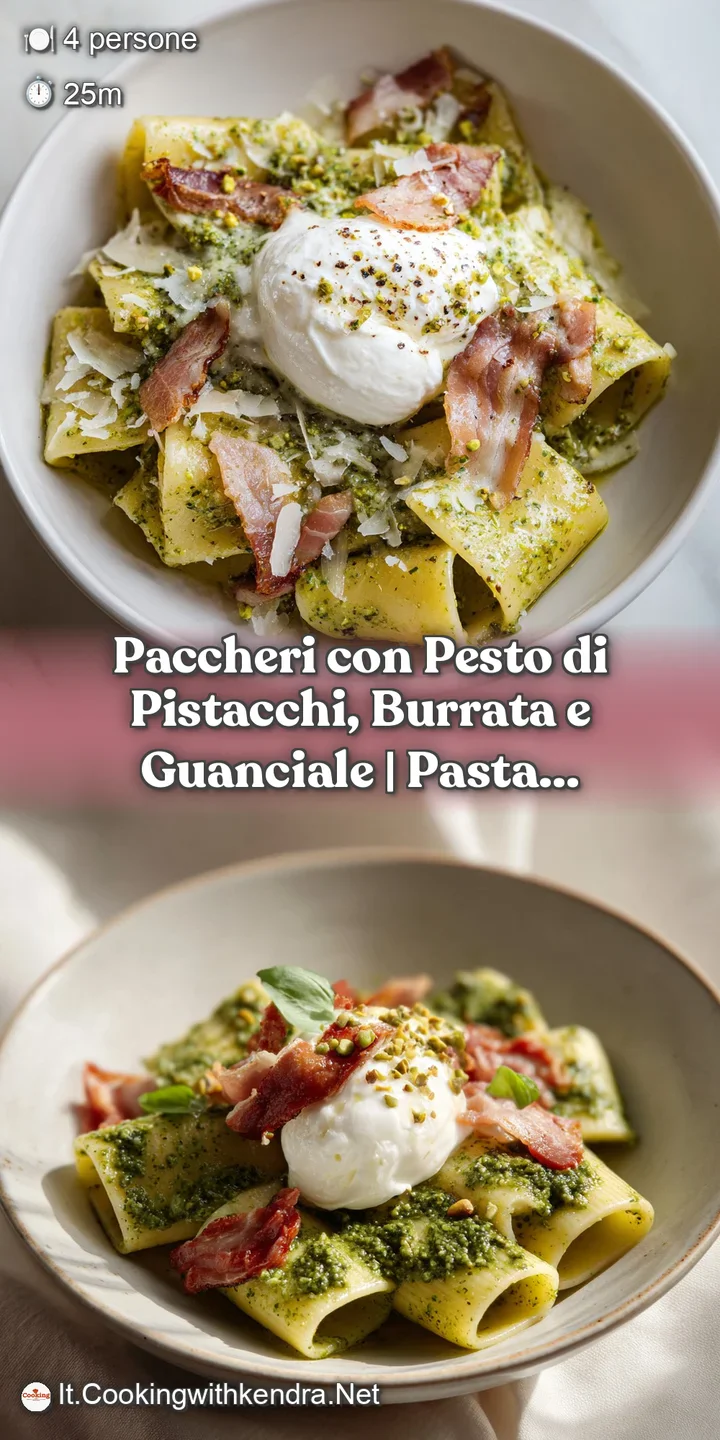 Close-up of pasta with pistachio pesto and guanciale: creamy burrata melts into the glossy green sauce, dotted with pepper.