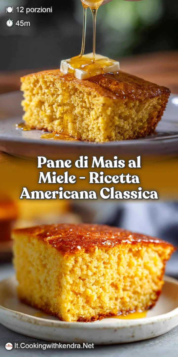 Close-up of moist corn bread; visible air pockets and a caramelized crust create a tempting texture. Honey pools on top, c...