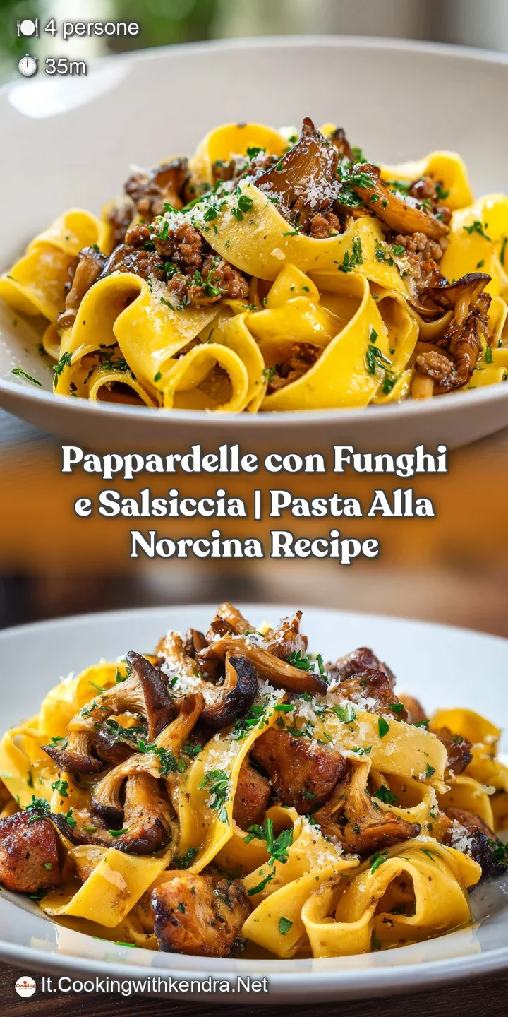 Close-up of glossy cream sauce clinging to wide pasta ribbons with earthy brown mushrooms and savory sausage crumbles.