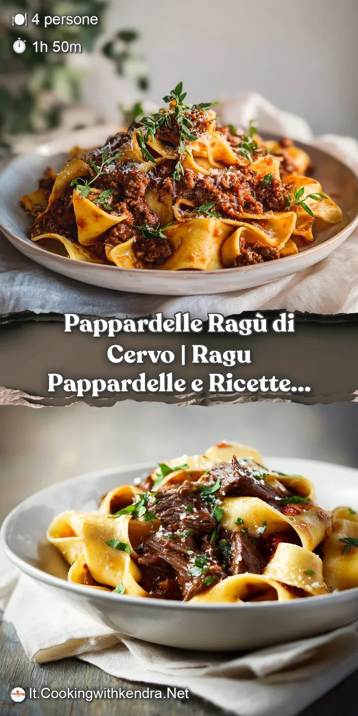 Close-up of hearty deer rag&ugrave; clinging to thick, silky pappardelle pasta with a rustic, inviting texture.