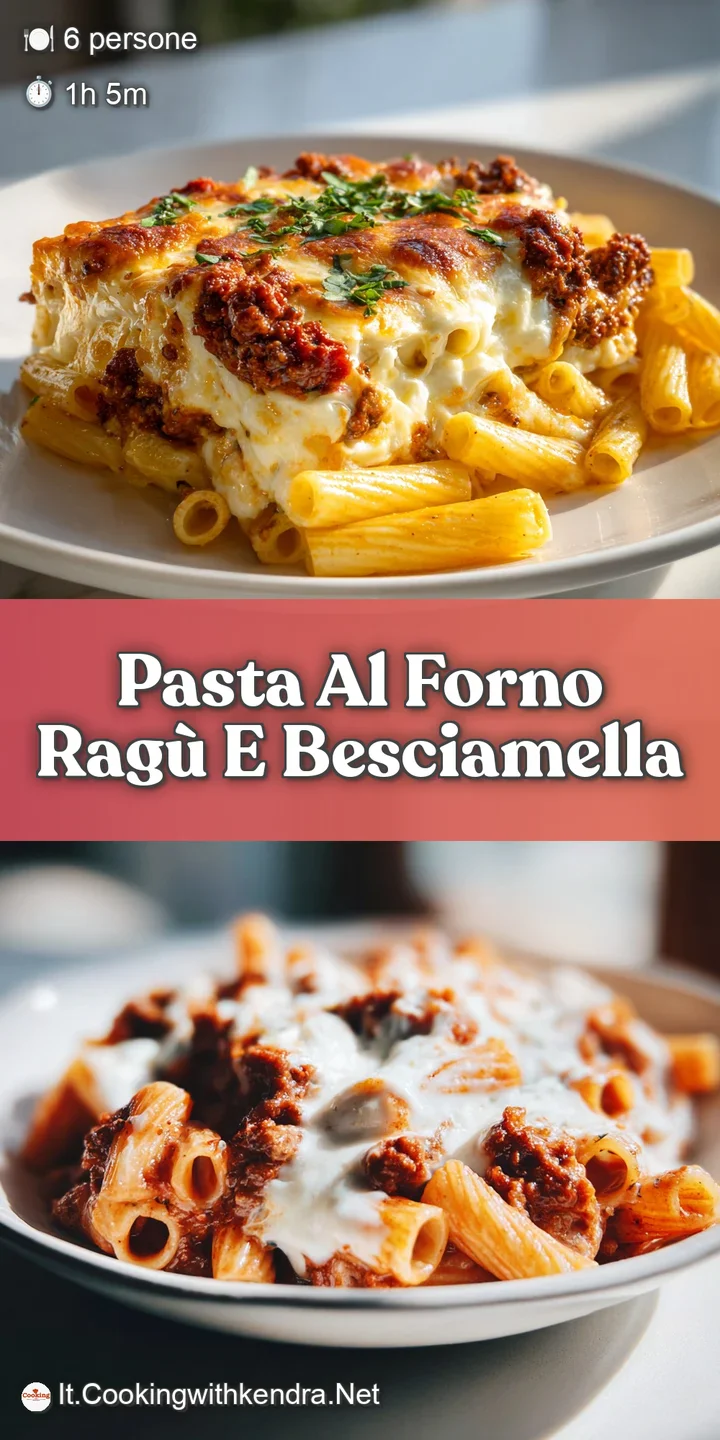 Close-up of bubbly, golden-brown baked pasta. Rich, meaty ragu swirls with creamy b&eacute;chamel sauce, ready to be devoured.