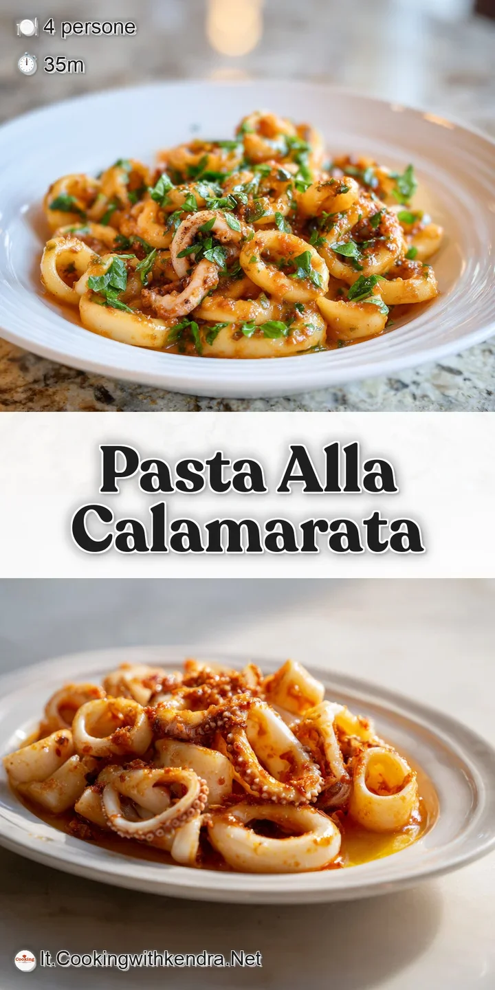 Close-up of tender calamarata pasta tubes coated in a luscious tomato sauce, showcasing fresh basil and a glossy sheen.