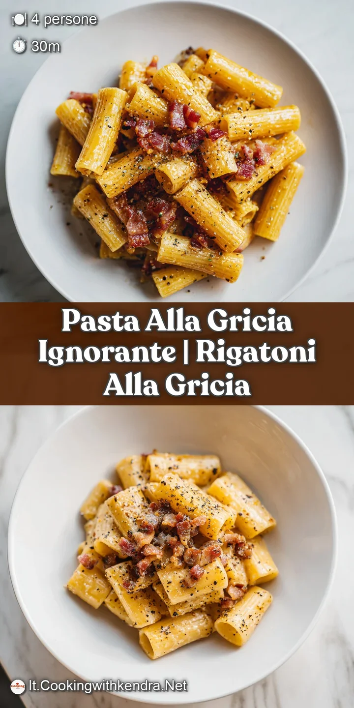 Primo piano di pasta succosa e vellutata, con pezzetti di guanciale lucidi e croccanti che brillano sotto la luce.