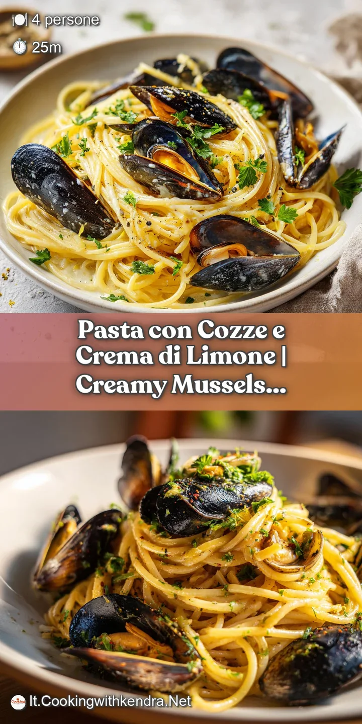 Close-up of succulent mussels coated in a silky, pale yellow lemon cream sauce with fresh herbs and pasta.