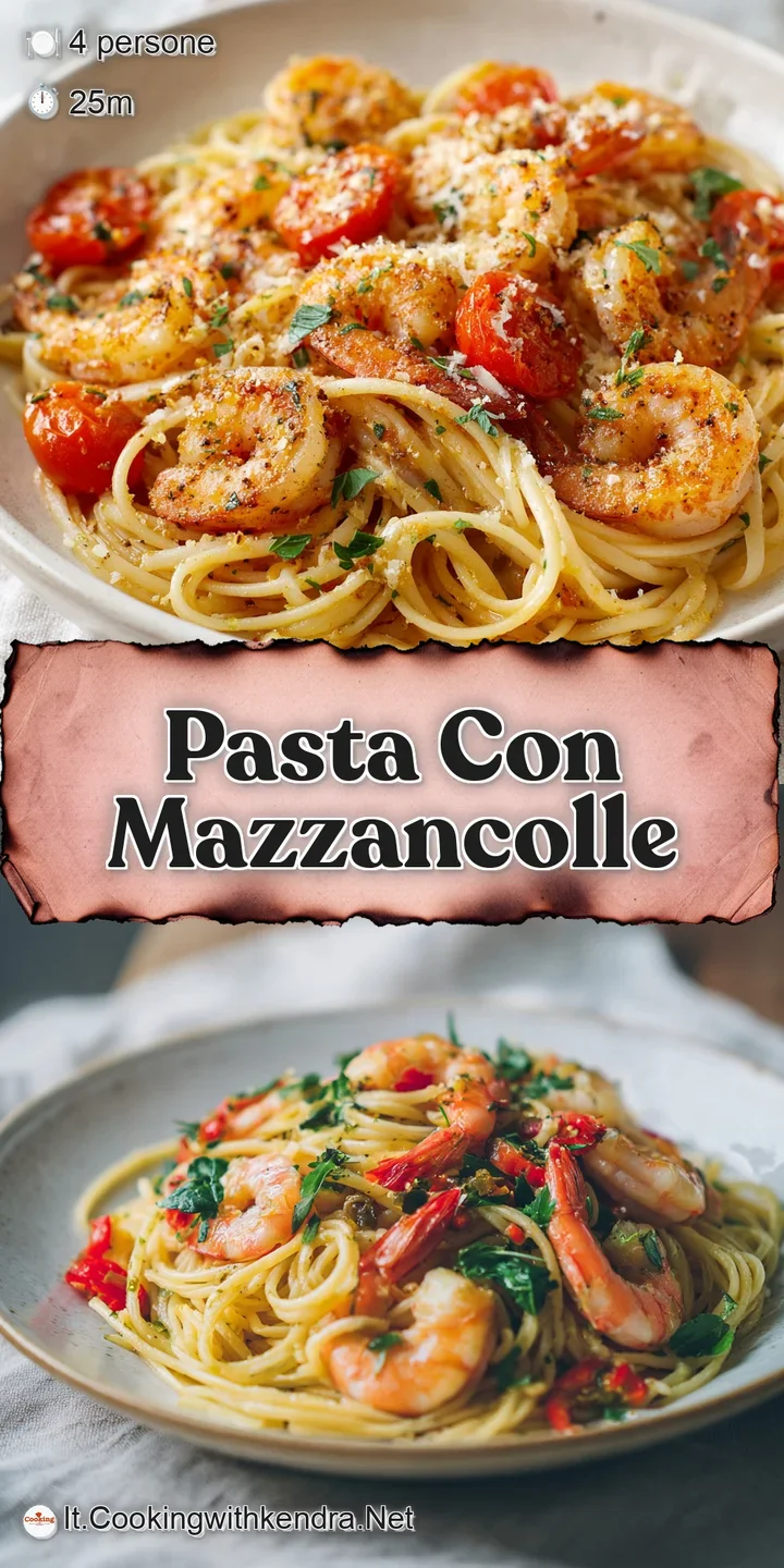 Close-up of juicy shrimp nestled among pasta strands, coated in a light, flavorful sauce. The dish is steaming and inviting.