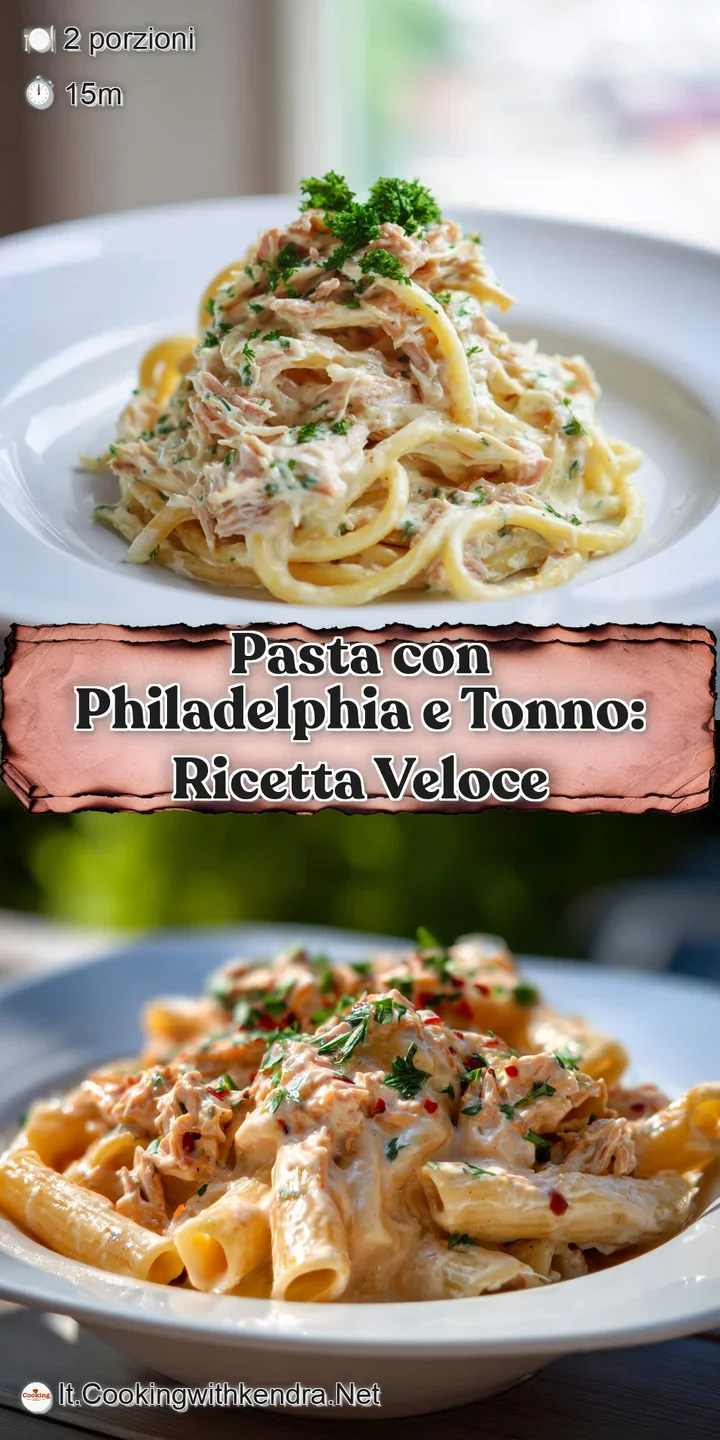 Close-up of pasta with tuna: Flaky tuna and swirls of creamy sauce cling to the pasta, sprinkled with vibrant herbs and sp...
