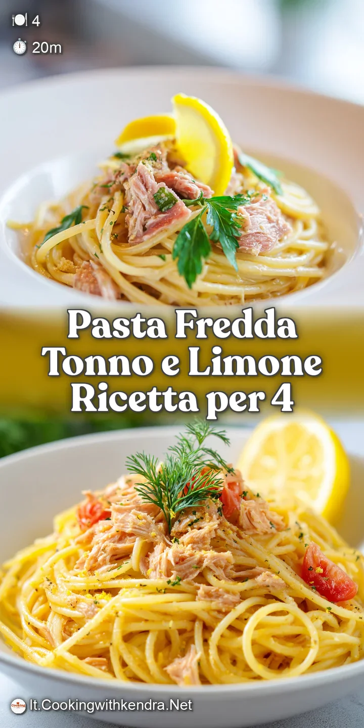 Close-up of cold pasta salad showing glistening olive oil, flaky tuna, and juicy lemon pieces mixed within perfectly cooke...