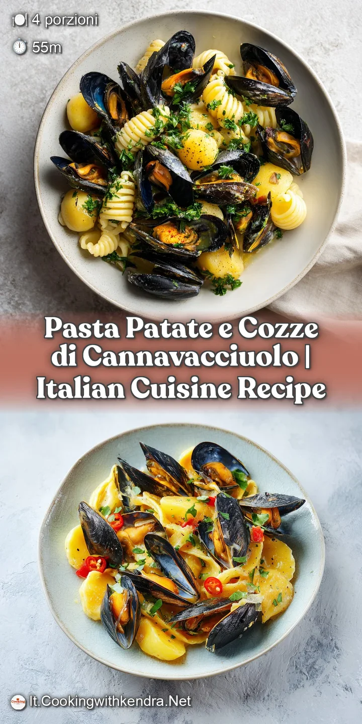 Close-up of tender pasta intertwined with plump mussels, glistening with a rich, savory broth and fresh green garnish.