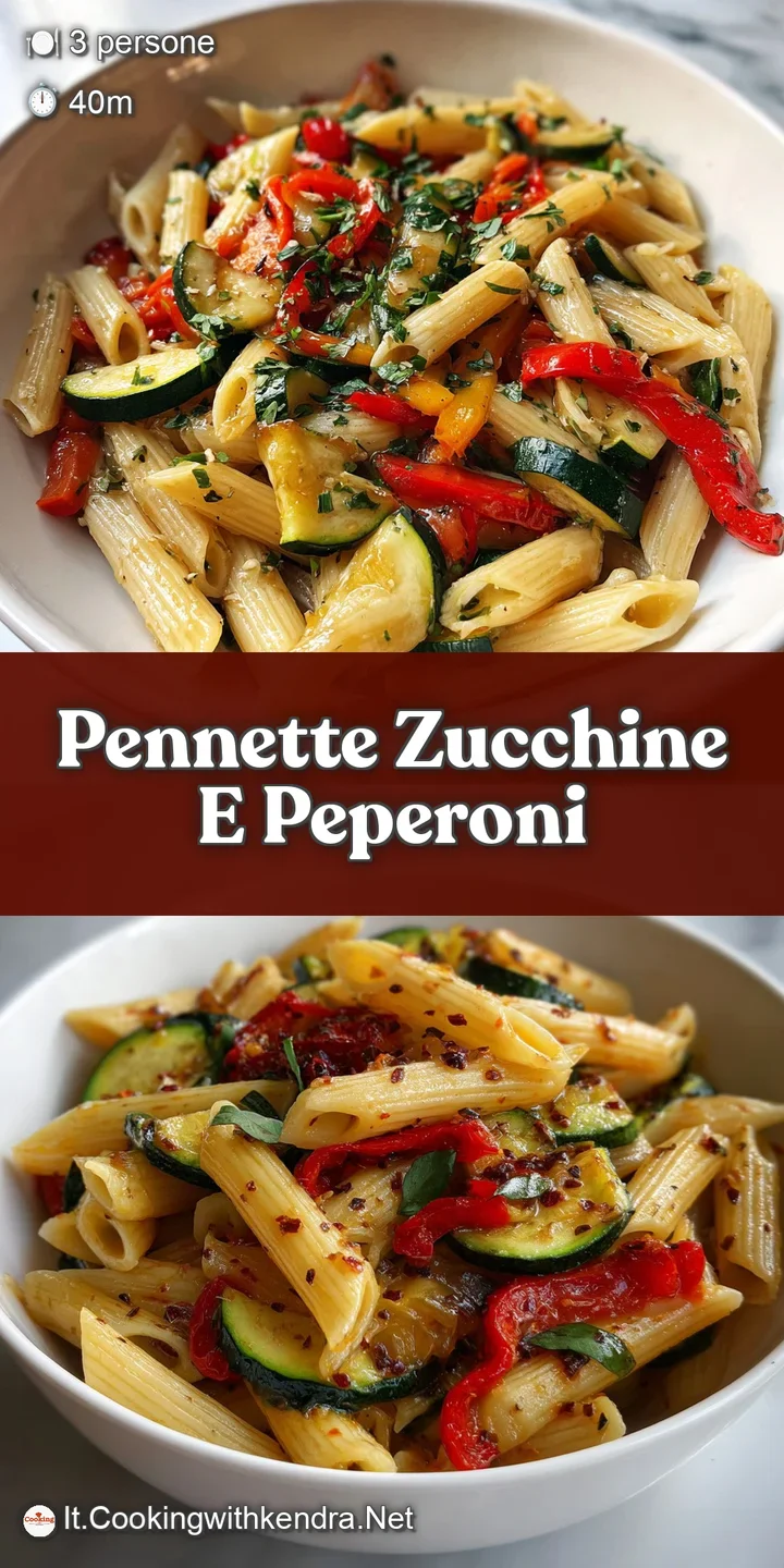 Close-up of twirled pennette pasta glistening with sauce. Tender zucchini and sweet bell peppers provide a burst of color ...