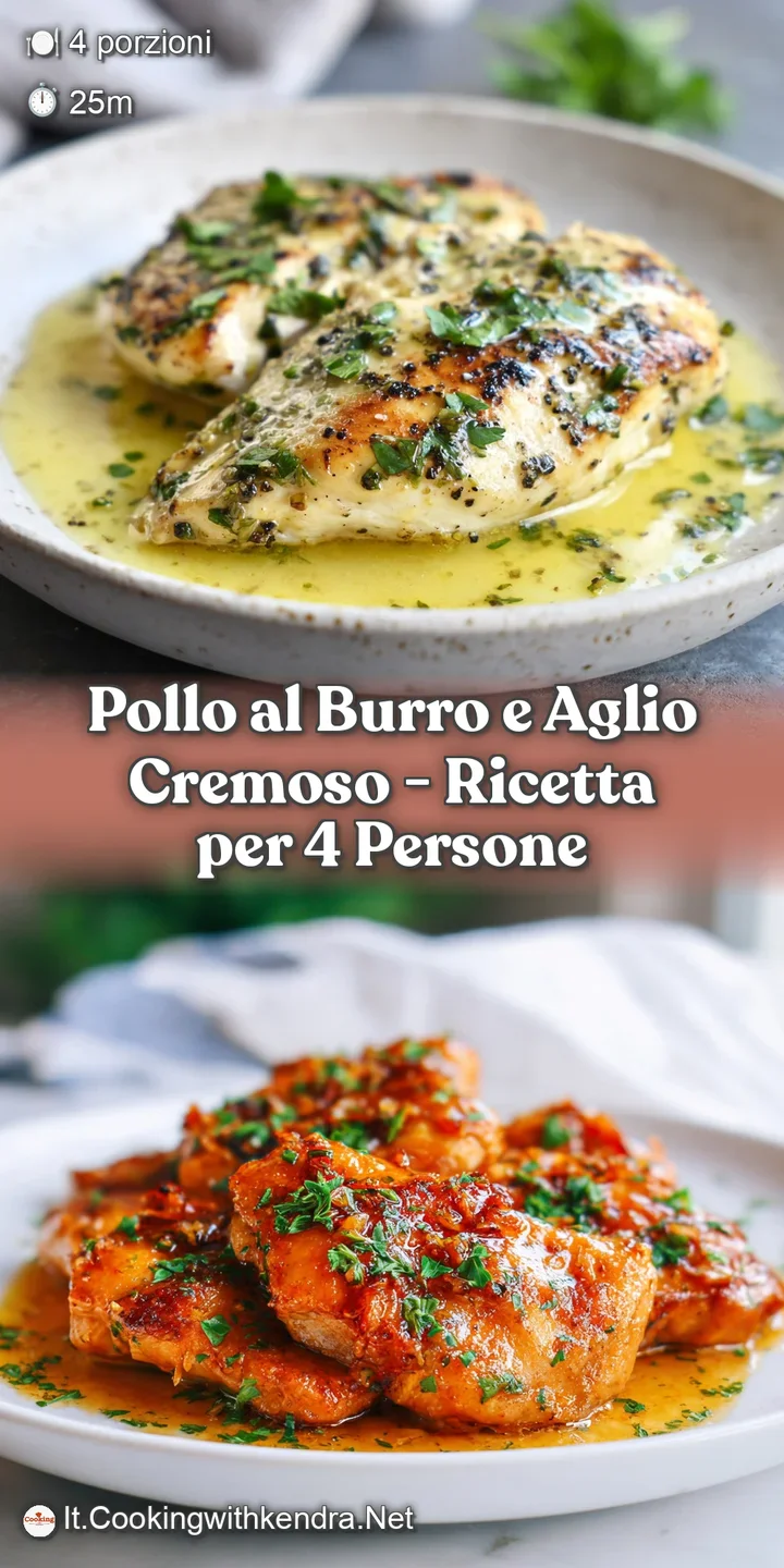 Close-up: Juicy chicken in a luscious, shimmering garlic butter sauce. Herbs and cracked pepper add visual appeal and flavor.