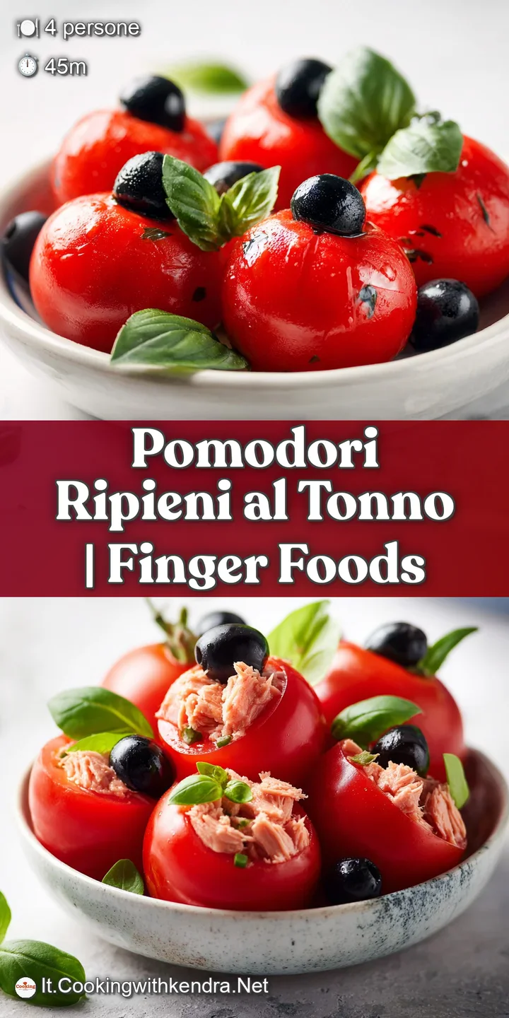 Primo piano di un pomodoro rosso succoso con ripieno di tonno vellutato e piccoli pezzetti di erbe aromatiche verdi.