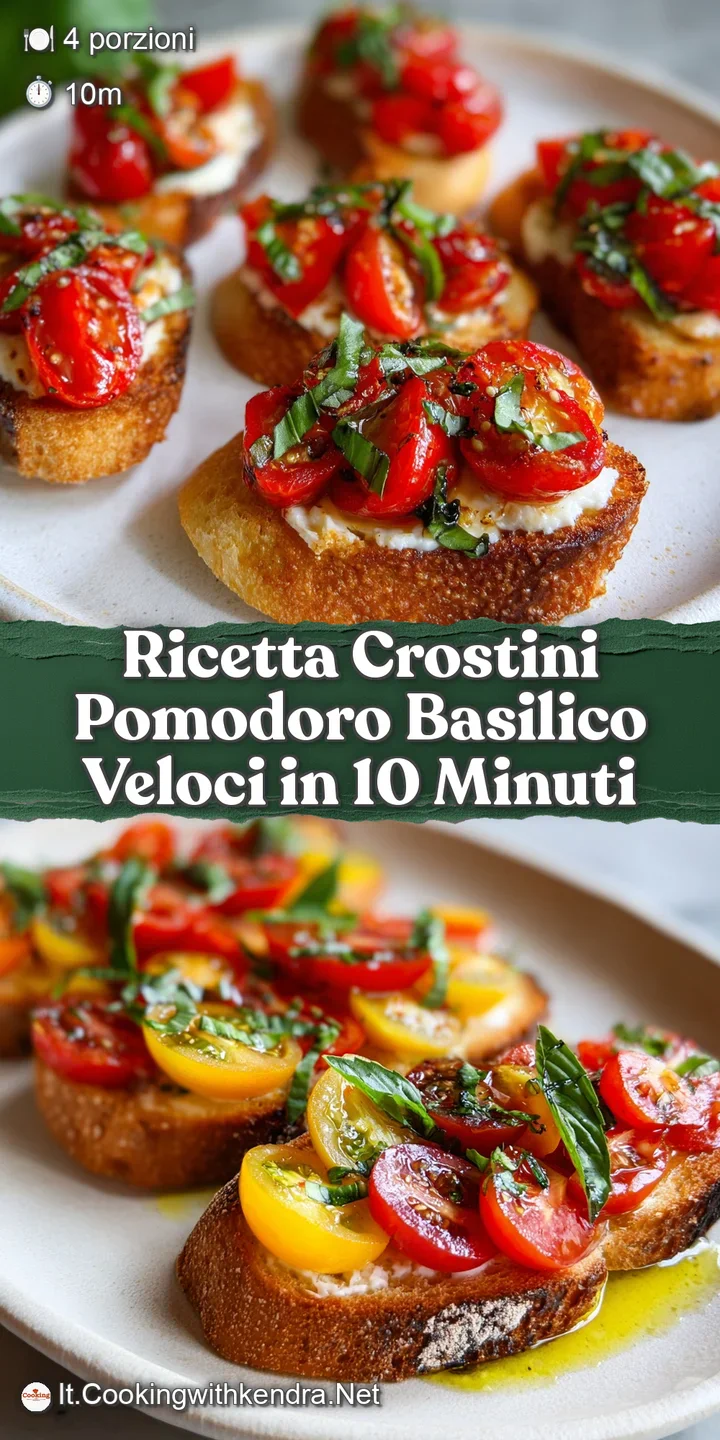 Close-up captures the bright, glistening diced tomatoes and vibrant green basil leaves atop a crisp crostini. A Mediterran...