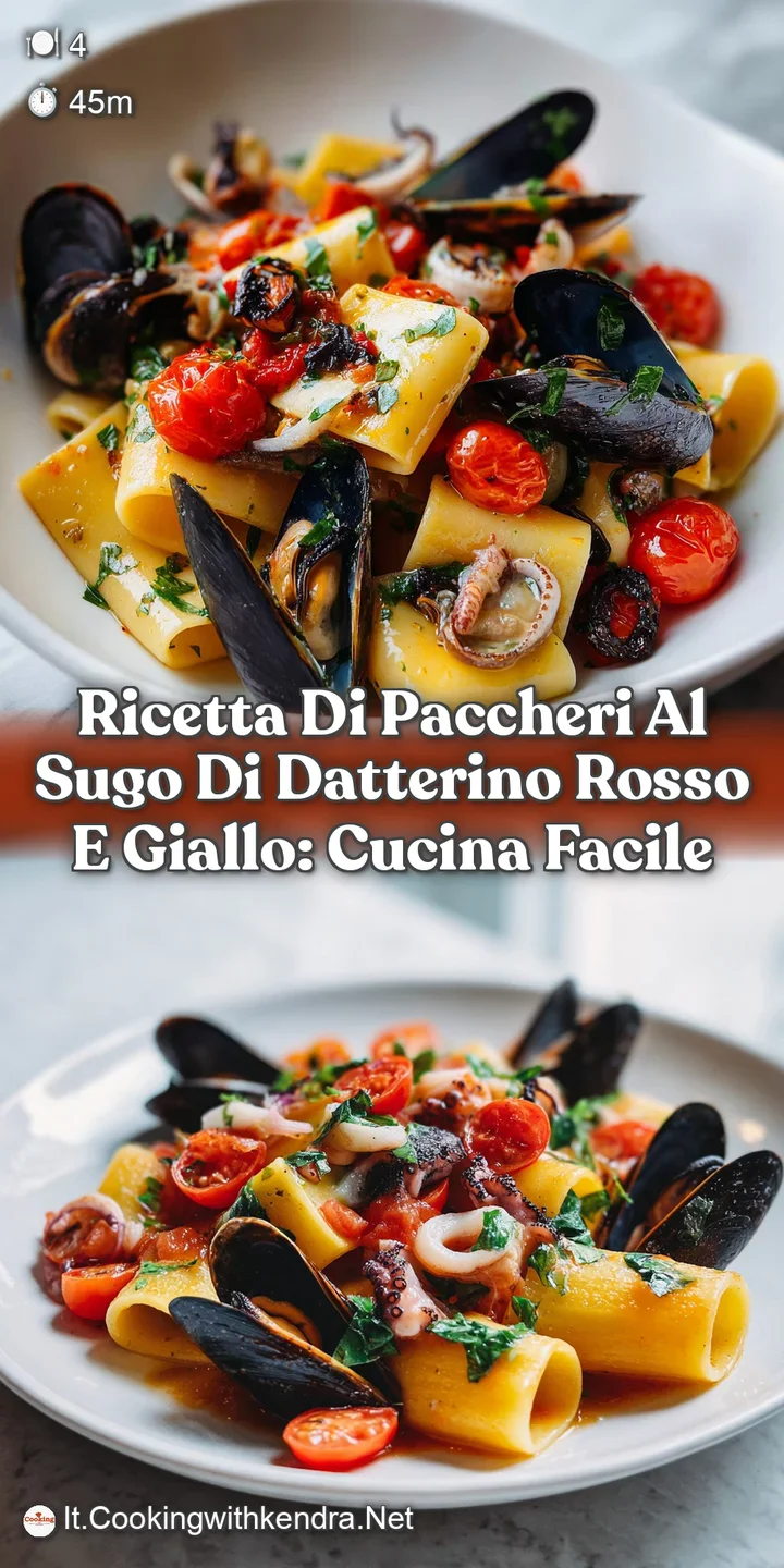 Close-up: Plump paccheri pasta cloaked in bright, flavorful tomato sauce. Hints of herbs and steam create an enticing, rus...