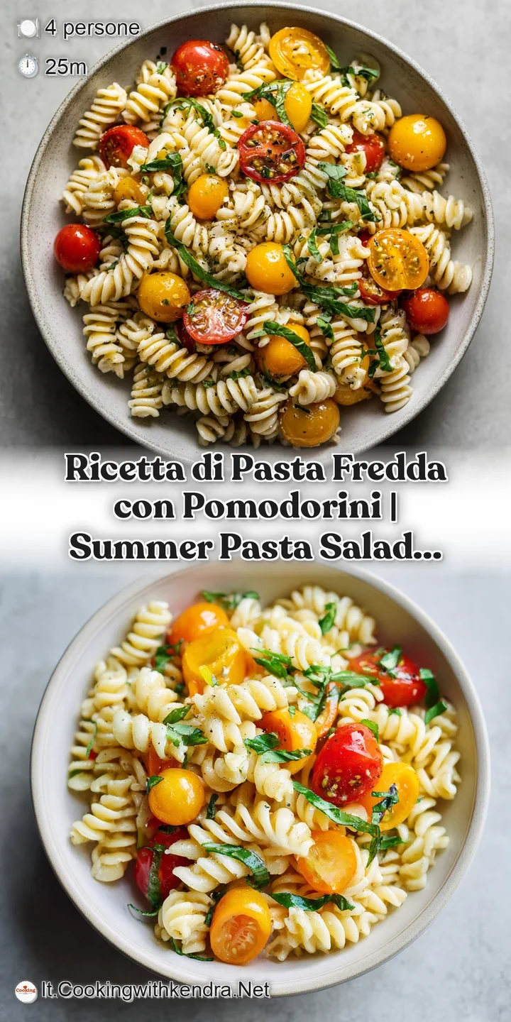 Close-up of al dente pasta coated in a light dressing, studded with plump, juicy cherry tomatoes.