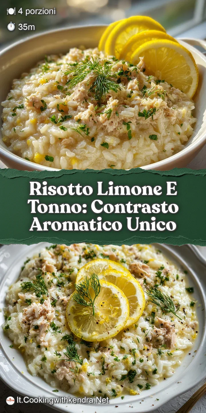 Close-up of vibrant lemon risotto with tuna. Glistening grains and bright parsley pop, hinting at a tangy, savory flavor.