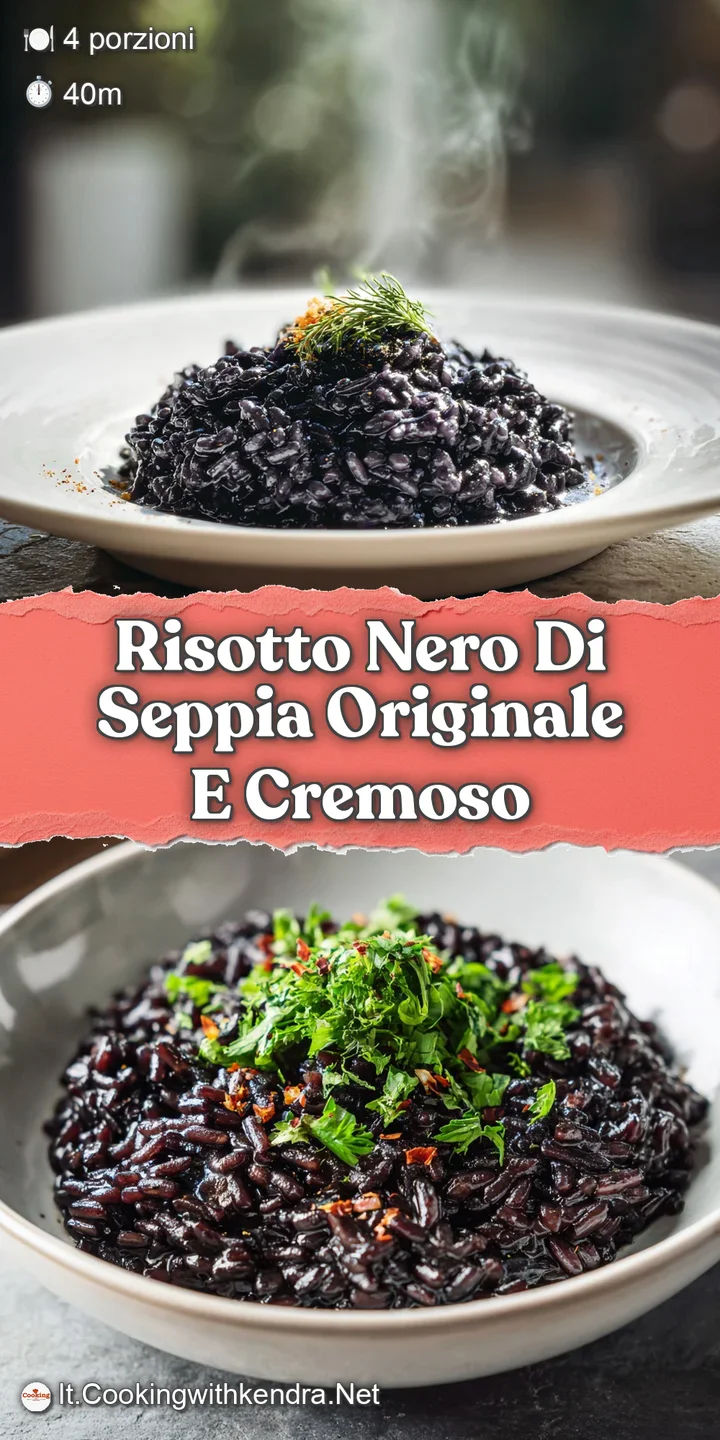 Close-up of creamy, dark risotto with visible squid ink sheen, flecks of herbs, and a tempting, rich appearance.