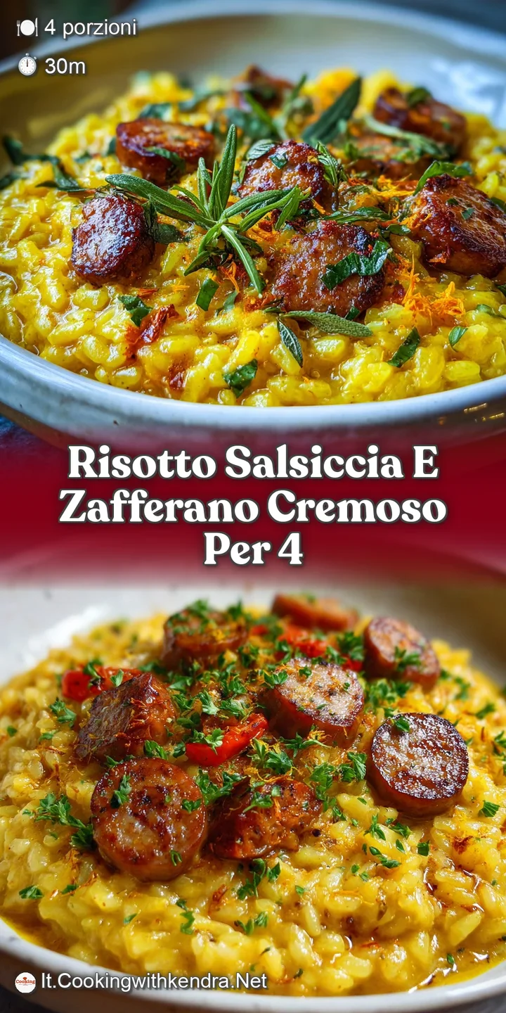 Close-up of vibrant yellow risotto flecked with bits of savory sausage. Glistening grains and creamy texture visible; utte...