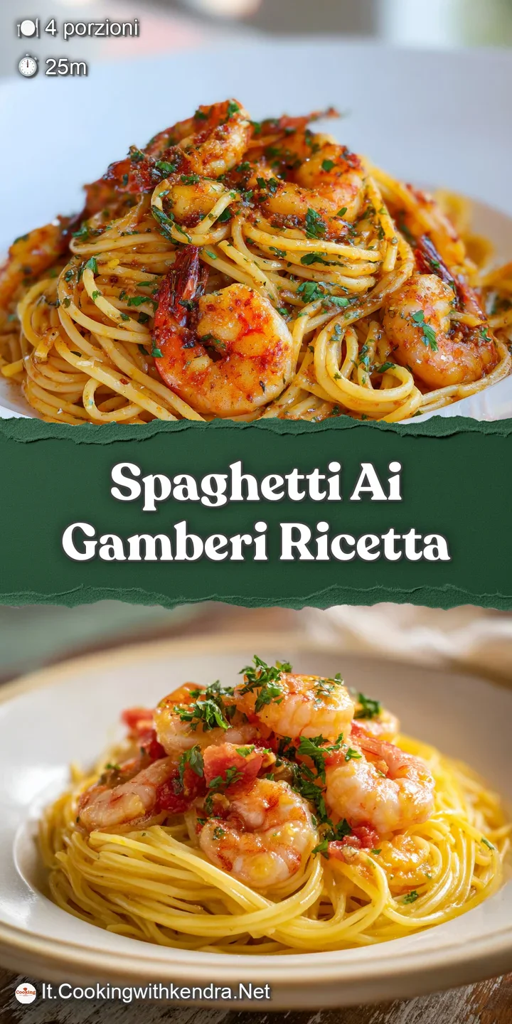 Close-up of glistening spaghetti strands coated in a rich, creamy sauce with juicy pink shrimp. Fresh herbs add pops of co...