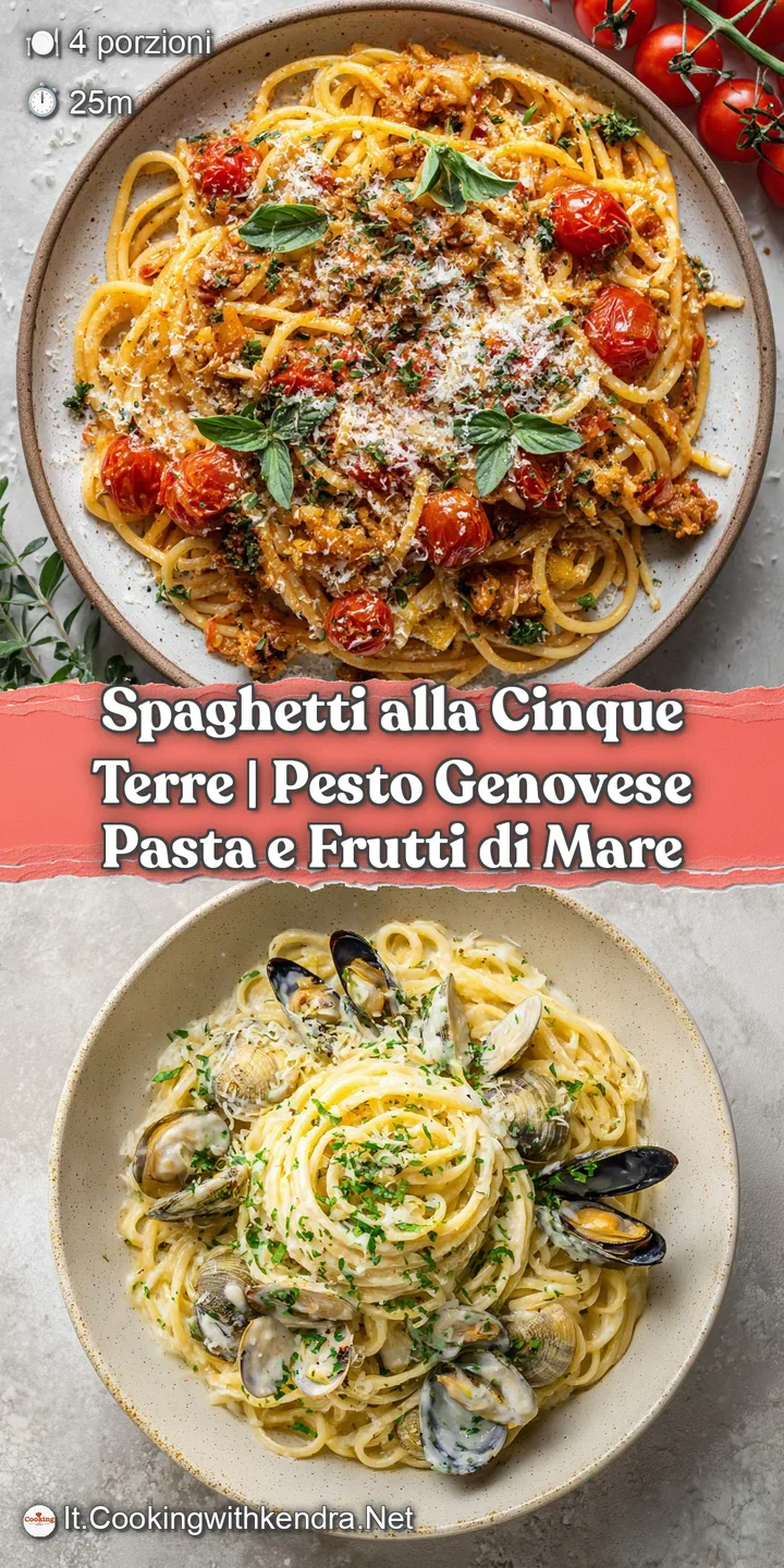 Close-up reveals glistening spaghetti coated in thick, verdant pesto, with creamy white mozzarella melting into the strands.