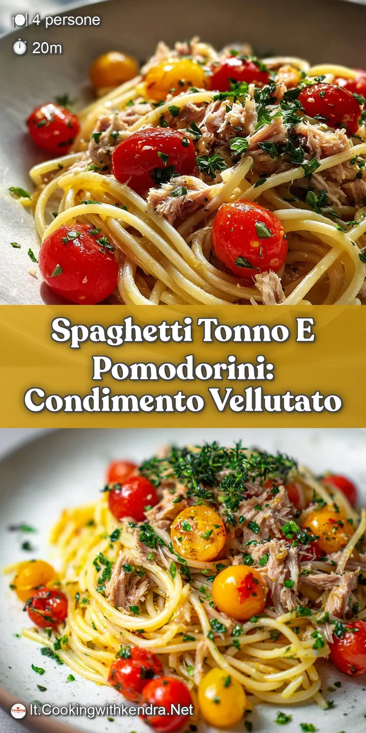 Close-up shows the rich texture of tuna and tomatoes clinging to al dente spaghetti. Olive oil glistens, inviting a delici...