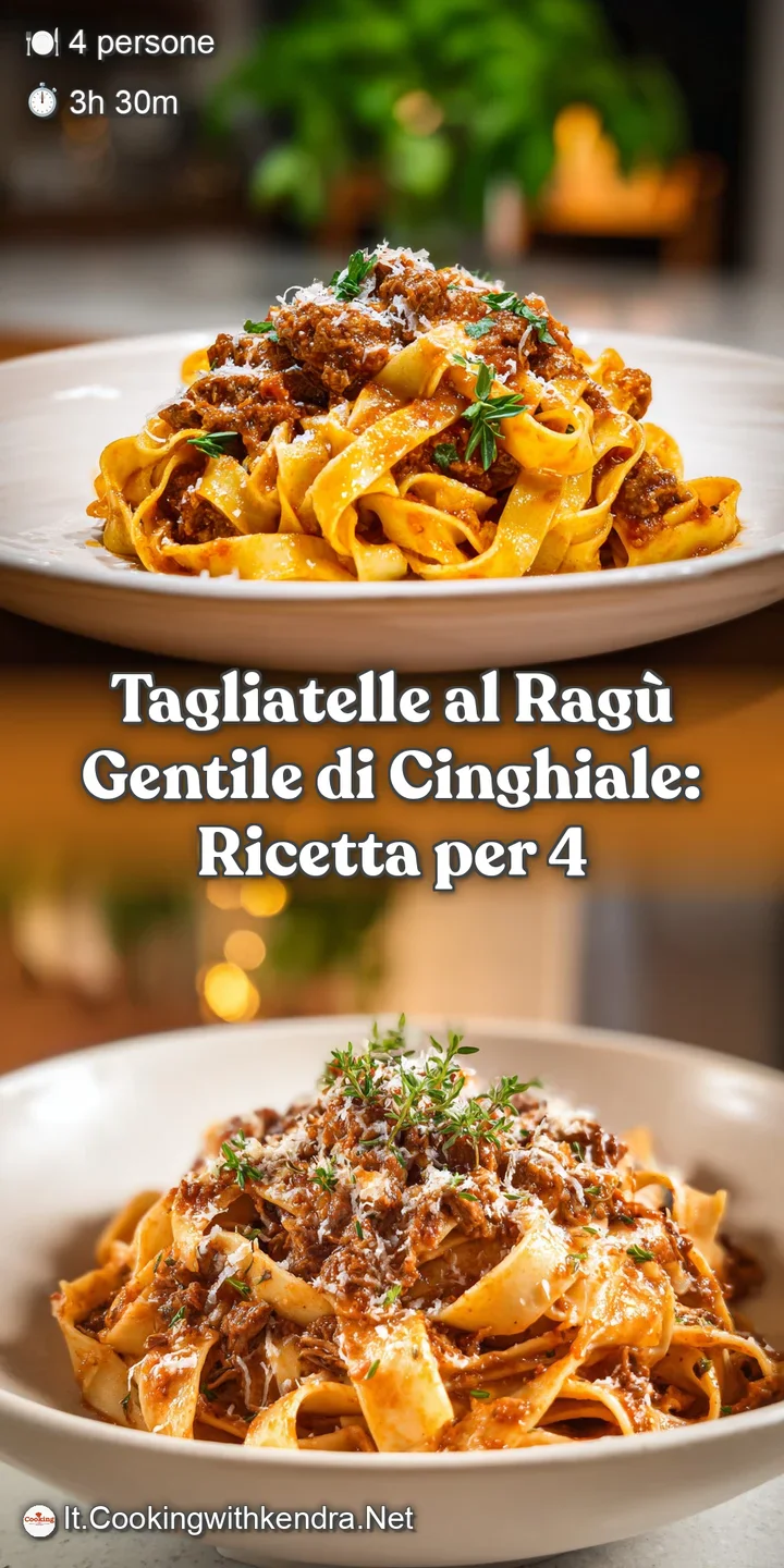 Close-up of glistening, slow-cooked wild boar ragu clinging to wide ribbons of tagliatelle. Hints of herbs and spices. Del...