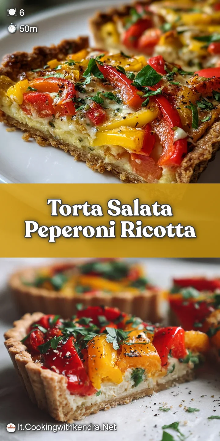 Close-up of a ricotta pie; roasted red peppers peek through the golden crust, offering a glimpse of the creamy filling ins...