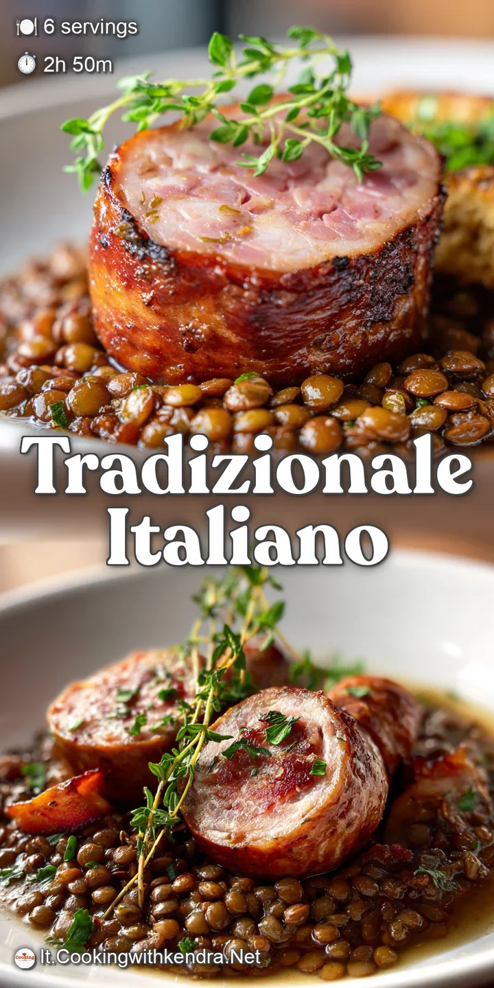 Close-up of cotechino sausage and lentils. Rich, savory textures: glistening sausage, earthy lentils. Warm, inviting with ...