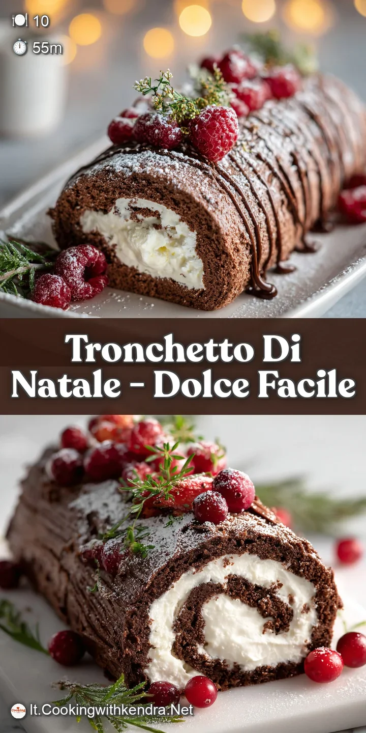 Close-up of a rustic chocolate yule log, showcasing the textured bark effect, rich cocoa color, and a dusting of confectio...