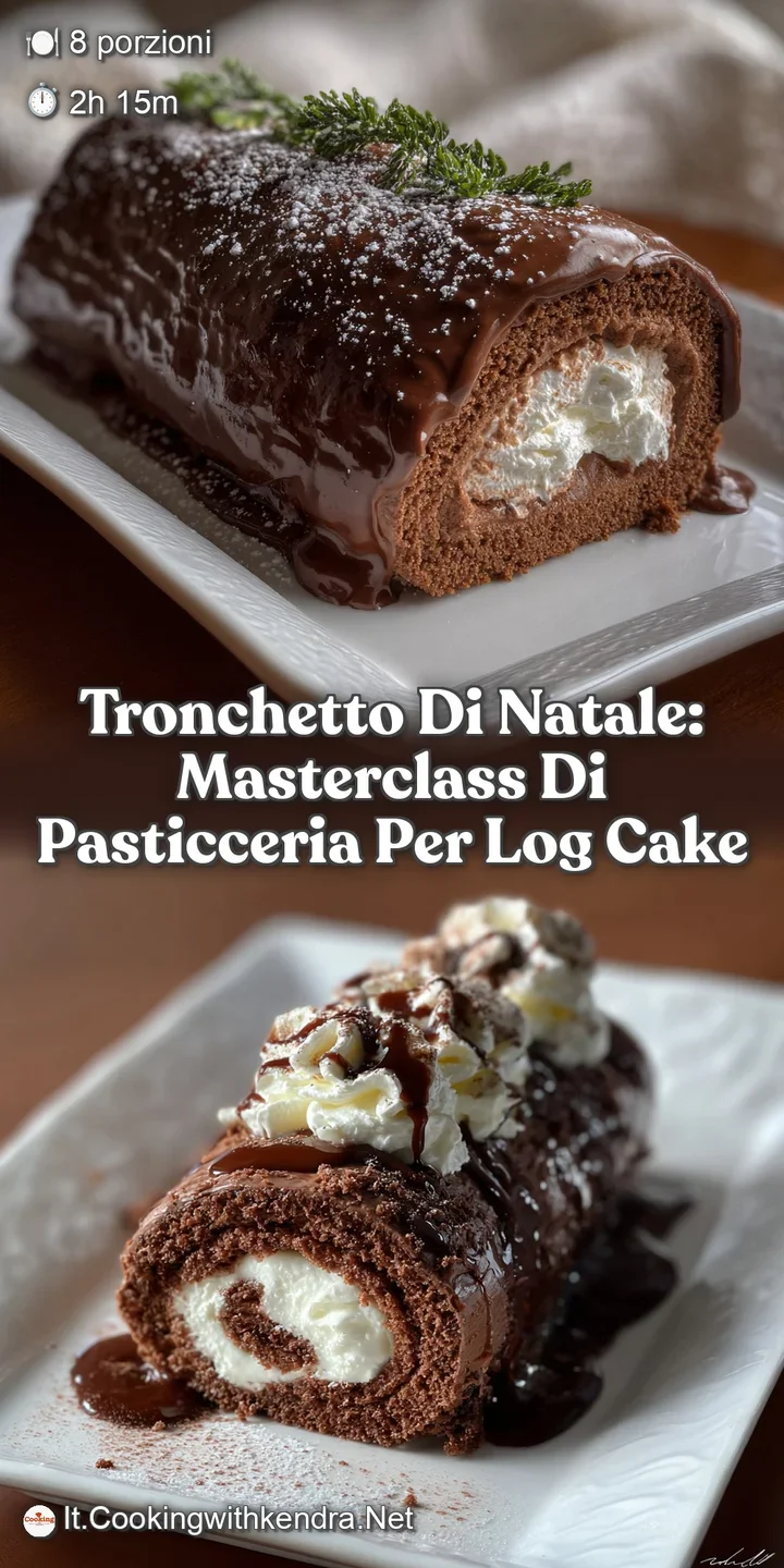 Close-up of a Tronchetto di Natale slice revealing layers of moist sponge cake, decadent chocolate buttercream, and a dust...