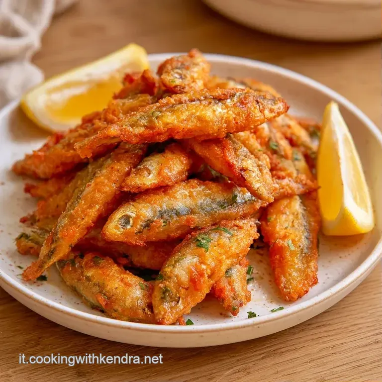 Filetti di pesce fritti e dorati adagiati con cura su un letto di insalata fresca, decorati con gocce di olio e limone.