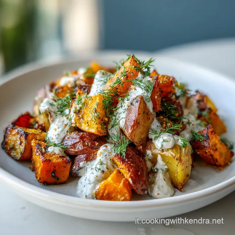 Elegant plated vegan appetizer: golden squash rosette drizzled with truffle oil, microgreens, and a dollop of ivory-colore...