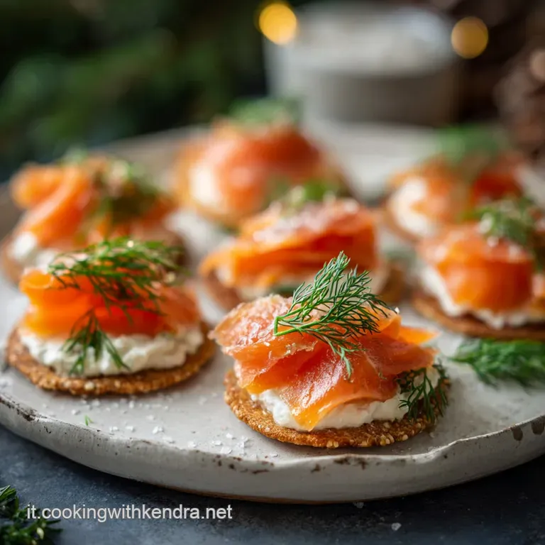 Elegant plate with swirls of creamy cheese, translucent smoked salmon ribbons, and pops of ruby-red pomegranate against a ...