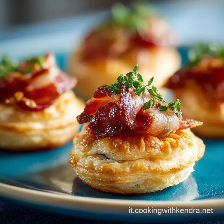 Elegant plate featuring a slice of flaky pastry, draped with delicate prosciutto, and accented with fresh arugula and a ba...