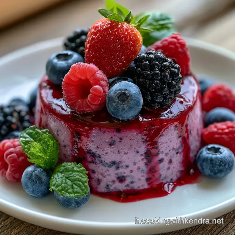 Dessert cremoso in bicchiere di vetro, strati di rosso intenso e bianco panna, decorato con un rametto di menta fresca.