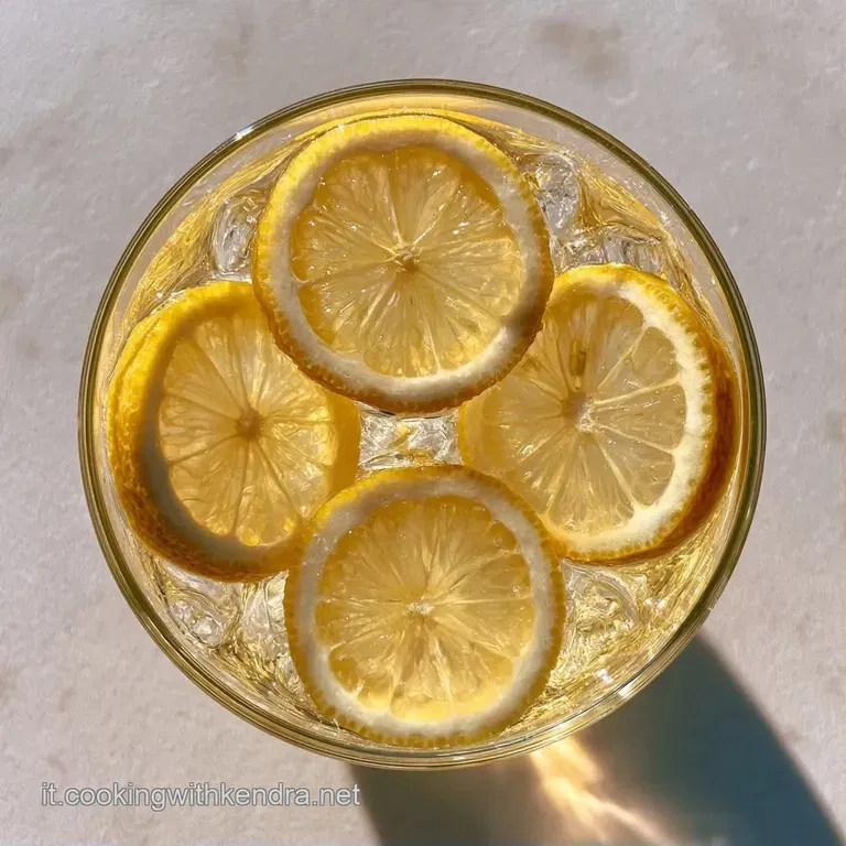 Bicchiere alto con condensa fredda, bevanda dorata effervescente e una fetta di limone giallo su uno sfondo luminoso.
