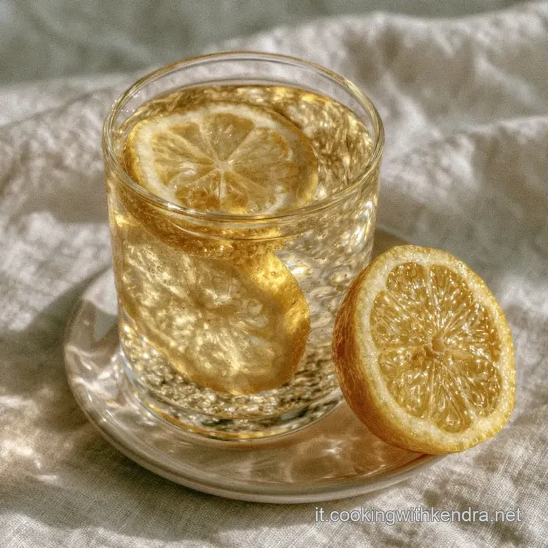 Un bicchiere slanciato colmo di bevanda ambrata e trasparente, decorato con una fetta di limone fresco e foglie di menta.